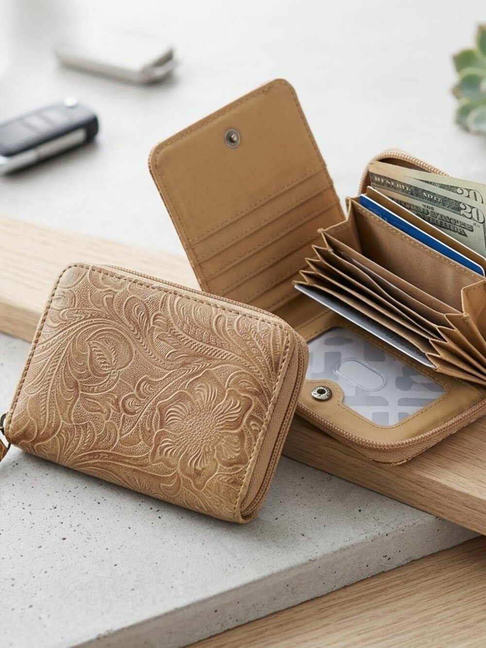 Small Wallet Paisley Embossed Pattern Zip Multiple Layers & Pockets Beige Coins